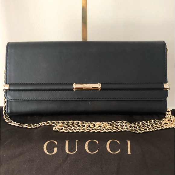 Gucci Handbags - Gucci Rare Black Leather and Gold Bamboo Flap Clutch Bag